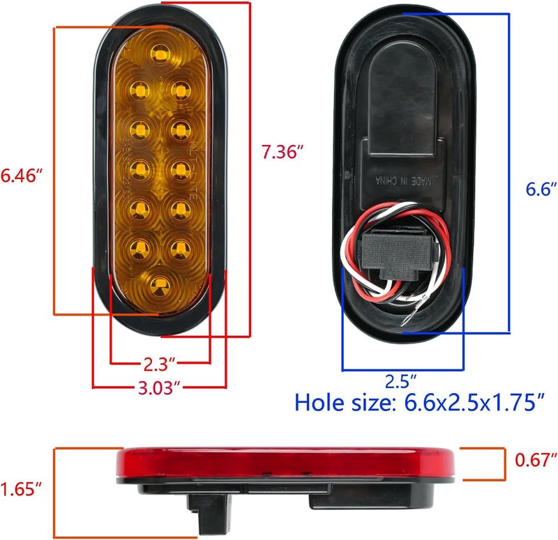 fouwick 2Pcs 6" Oval LED Red Tail Trailer Light 12LEDs, IP65 Waterproof, Stop Brake Turn Signal Reverse marker, Surface Mount, For Bus Lorry Camper Boat Bus Truck RV Pickup Golf Cart Motorcycle - Image 2